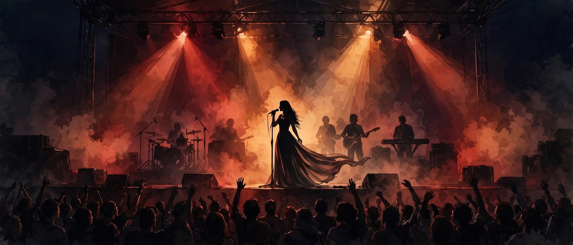 Illustration of a singer on a concert stage in red and amber light, with a band behind her and a crowd in front