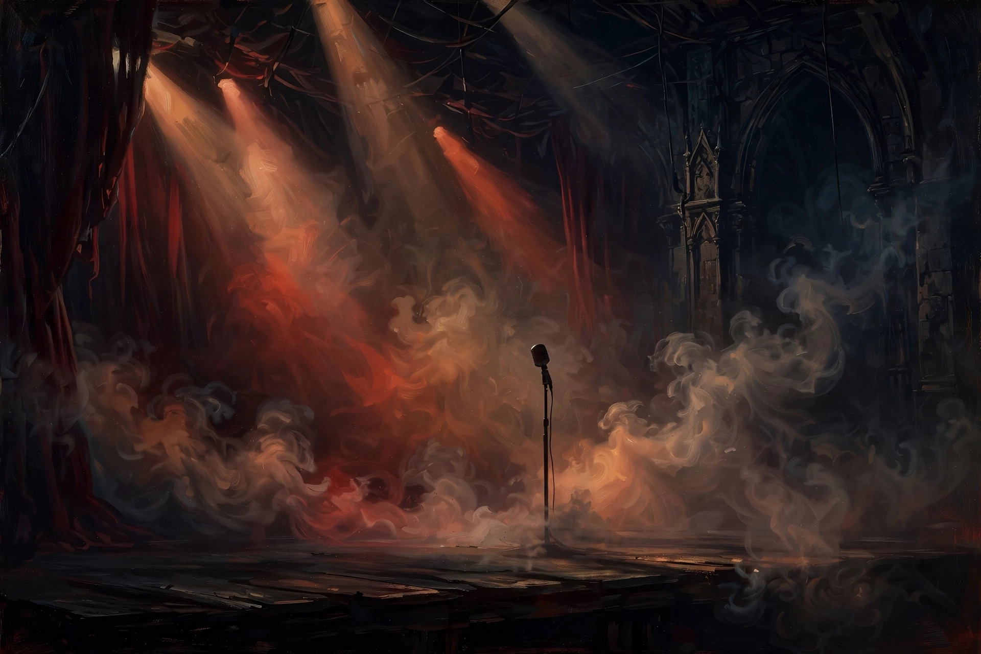 Illustration of a lone microphone stand on a dark foggy concert stage in deep red light