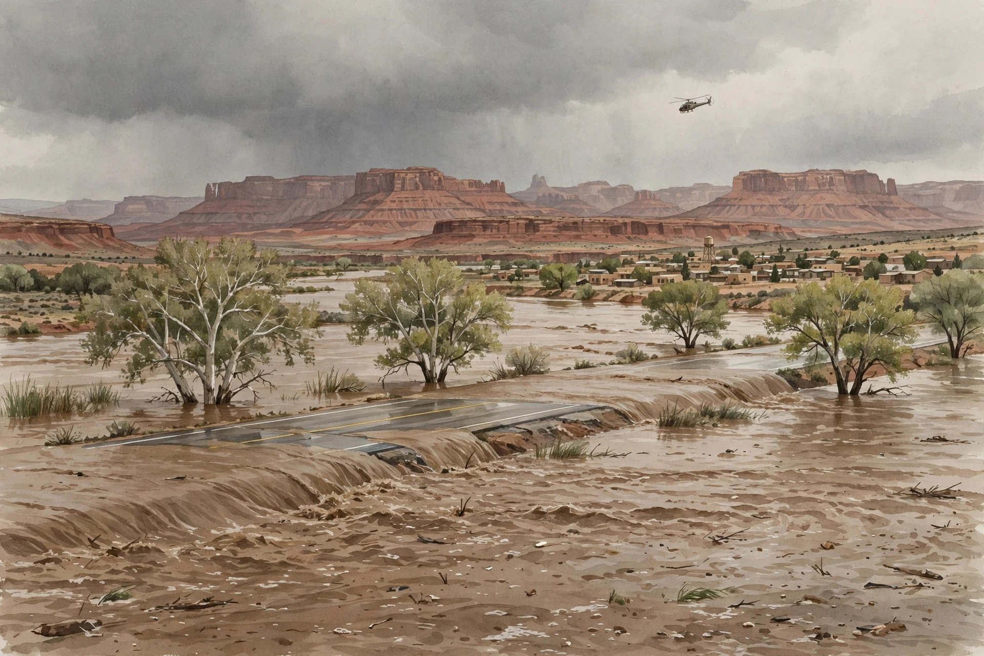 Illustration of a muddy river running over a desert highway, with a small town and red-rock mesas in the distance under a storm sky