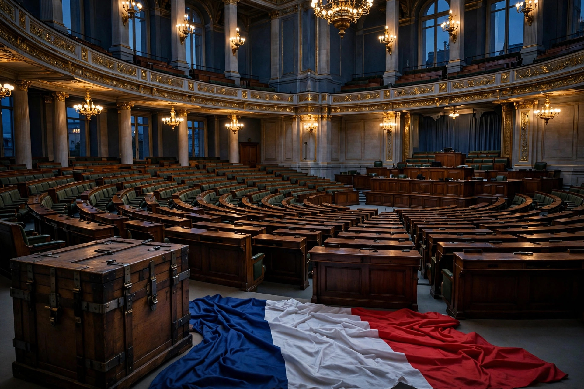 Illustration of the French National Assembly hemicycle at dusk, with a ballot box and the French tricolor in the foreground