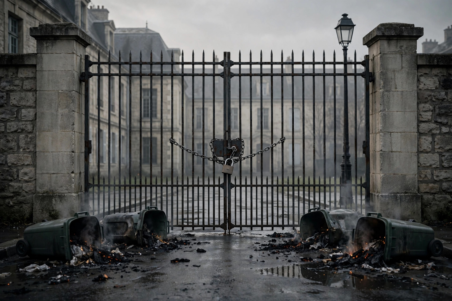 A school entrance with its gates chained shut and burnt bins outside