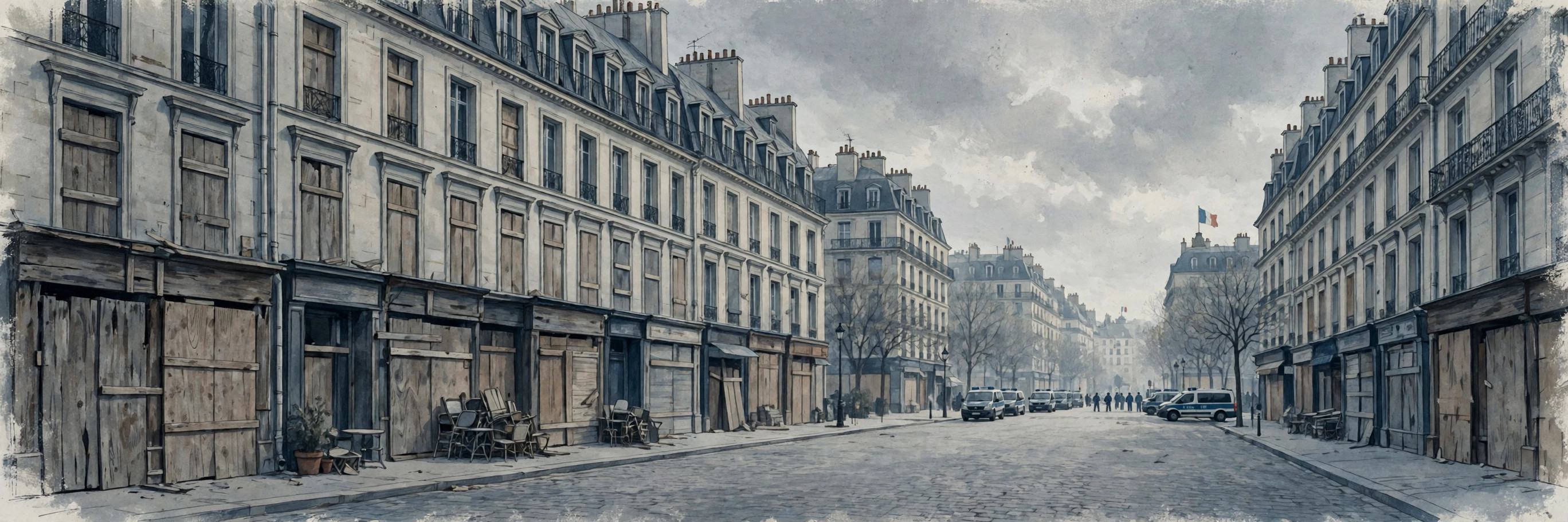 Illustration of a Paris boulevard with boarded-up shopfronts and police vans under a grey sky