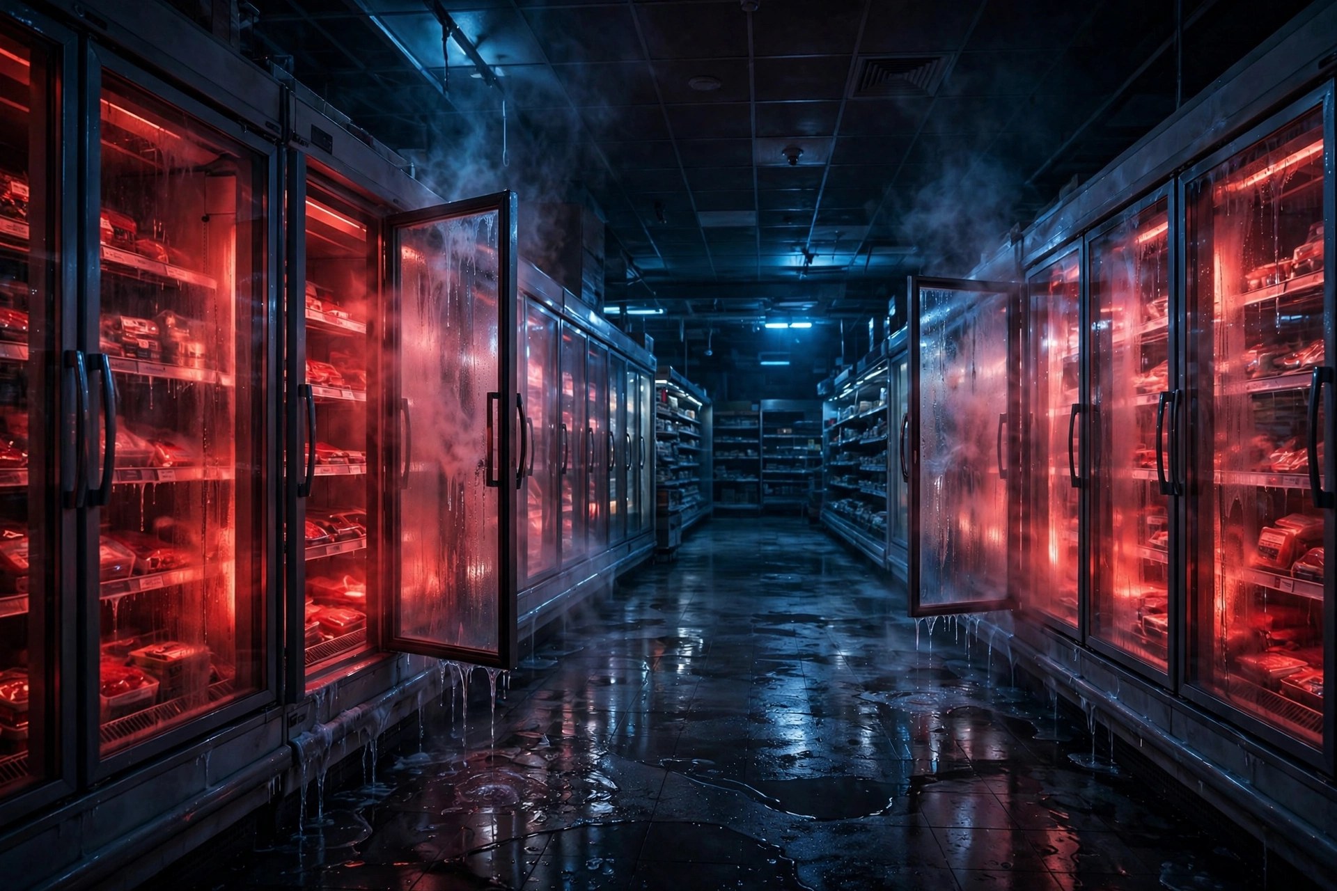 Empty supermarket freezer aisle glowing red at night, heat haze rising from the open freezer doors