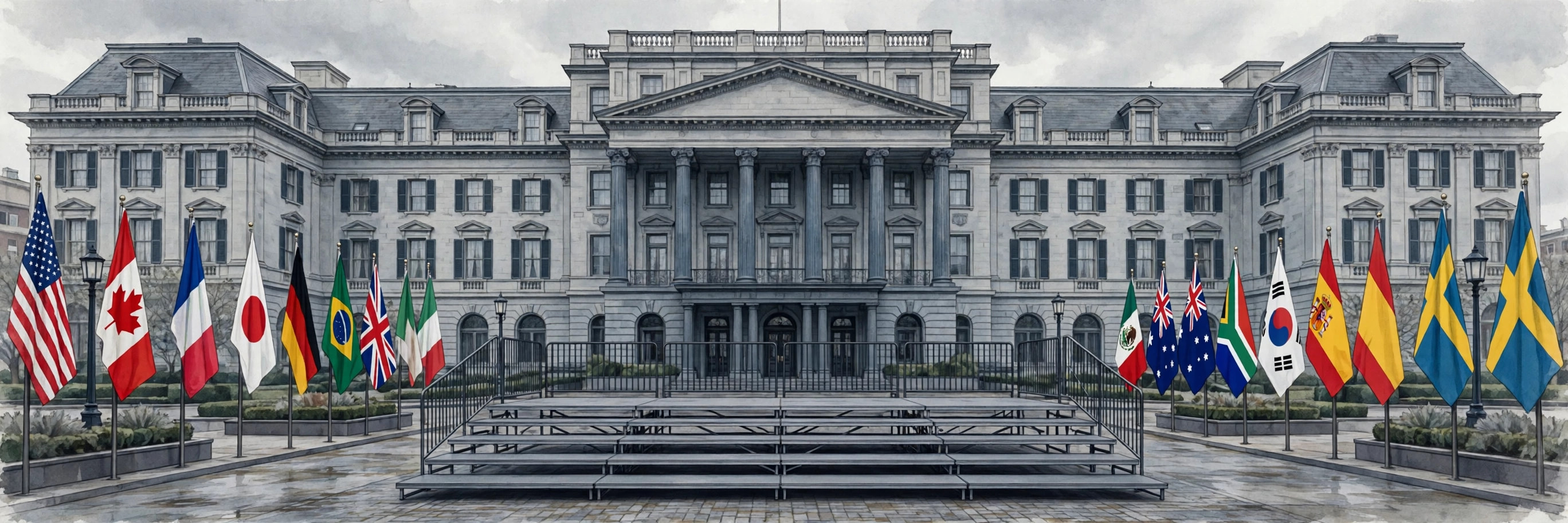 Illustration of an empty tiered photo riser flanked by national flags in front of a grand building