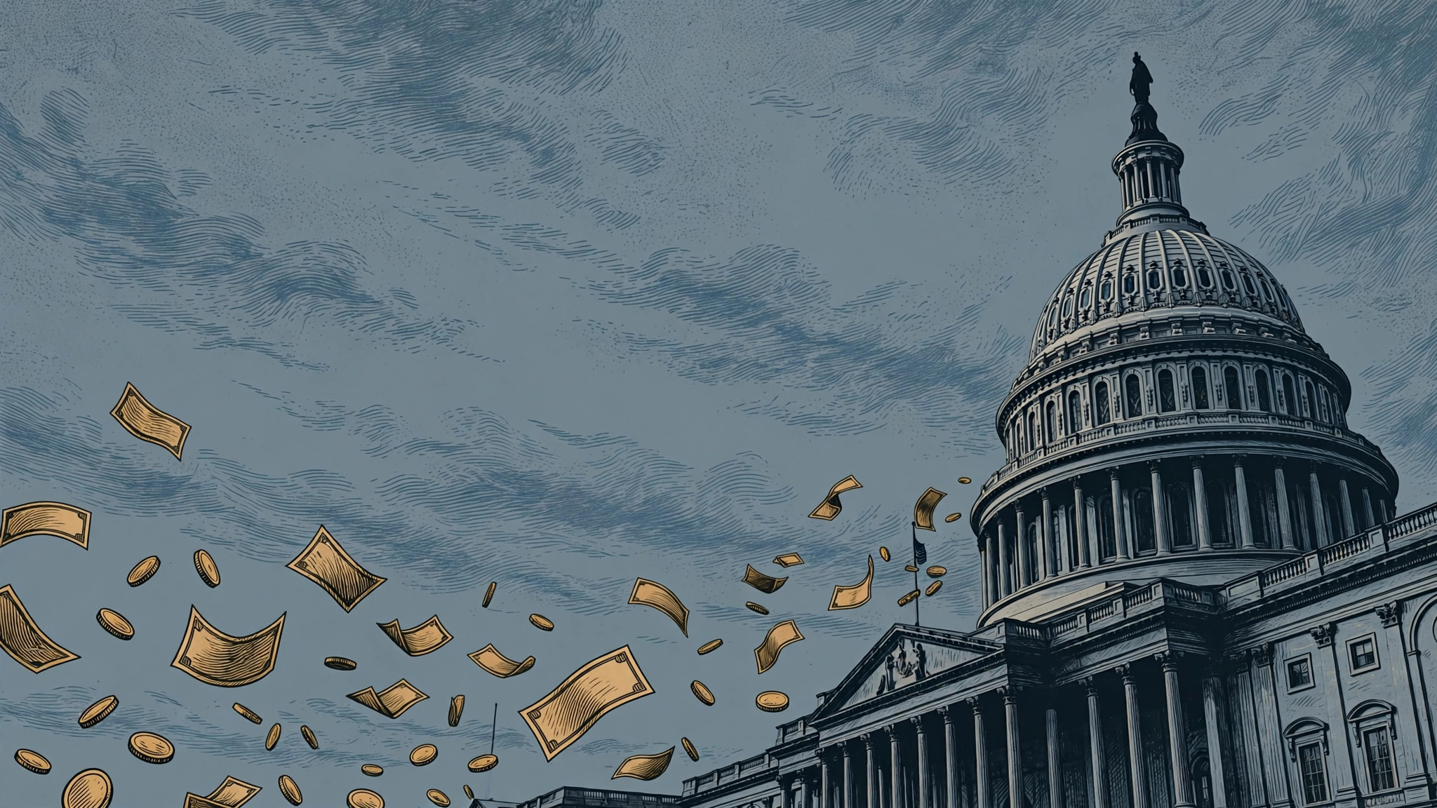 Illustration of dollar bills drifting away from the U.S. Capitol dome