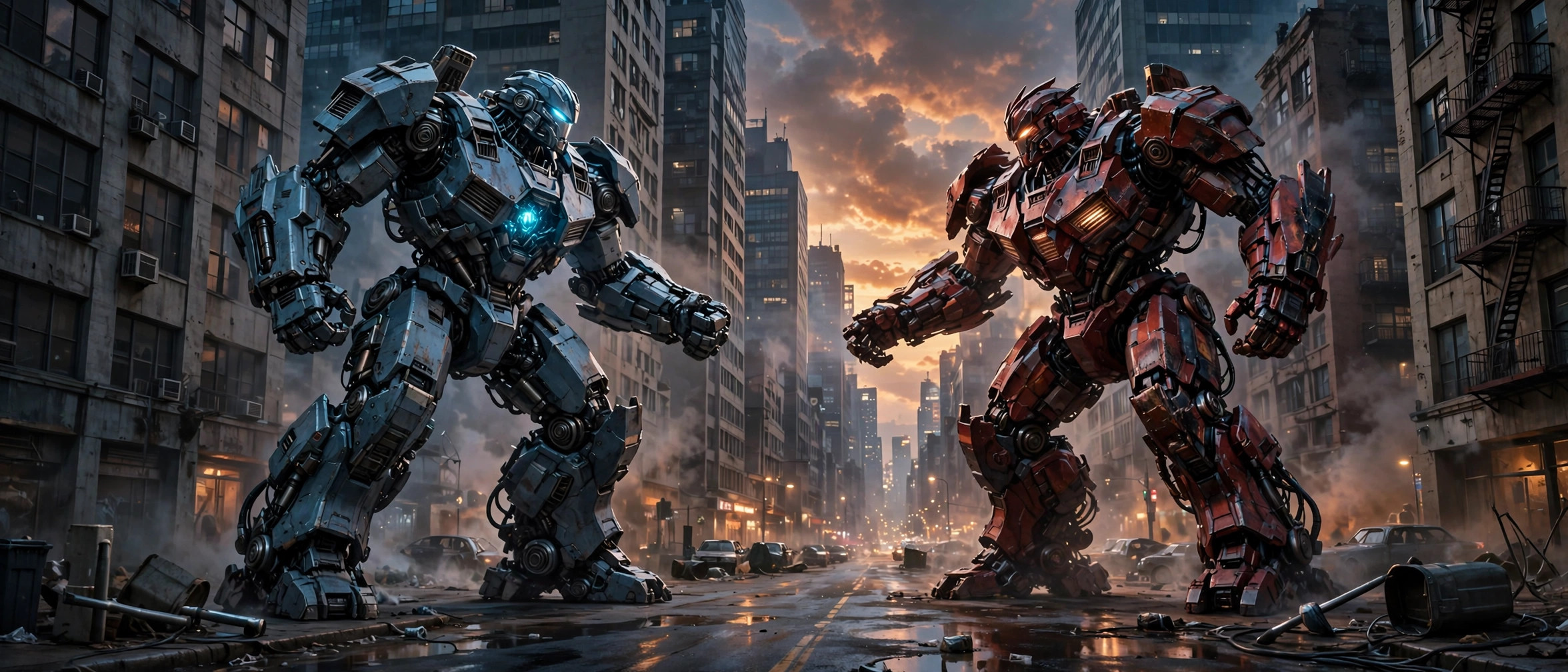 Illustration of two giant robots facing off in a city street at dusk