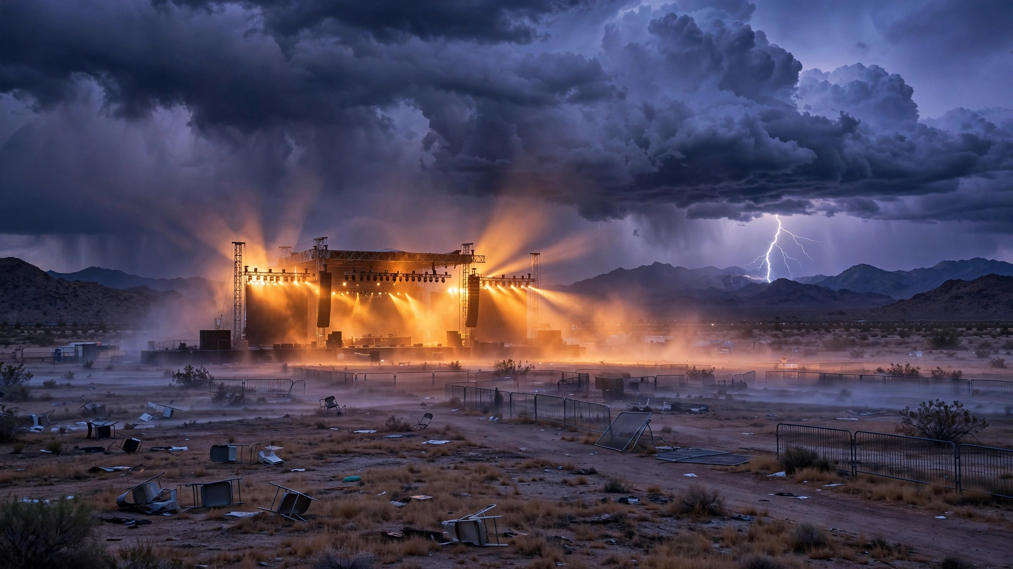 An empty desert festival stage under dark storm clouds with lightning in the distance