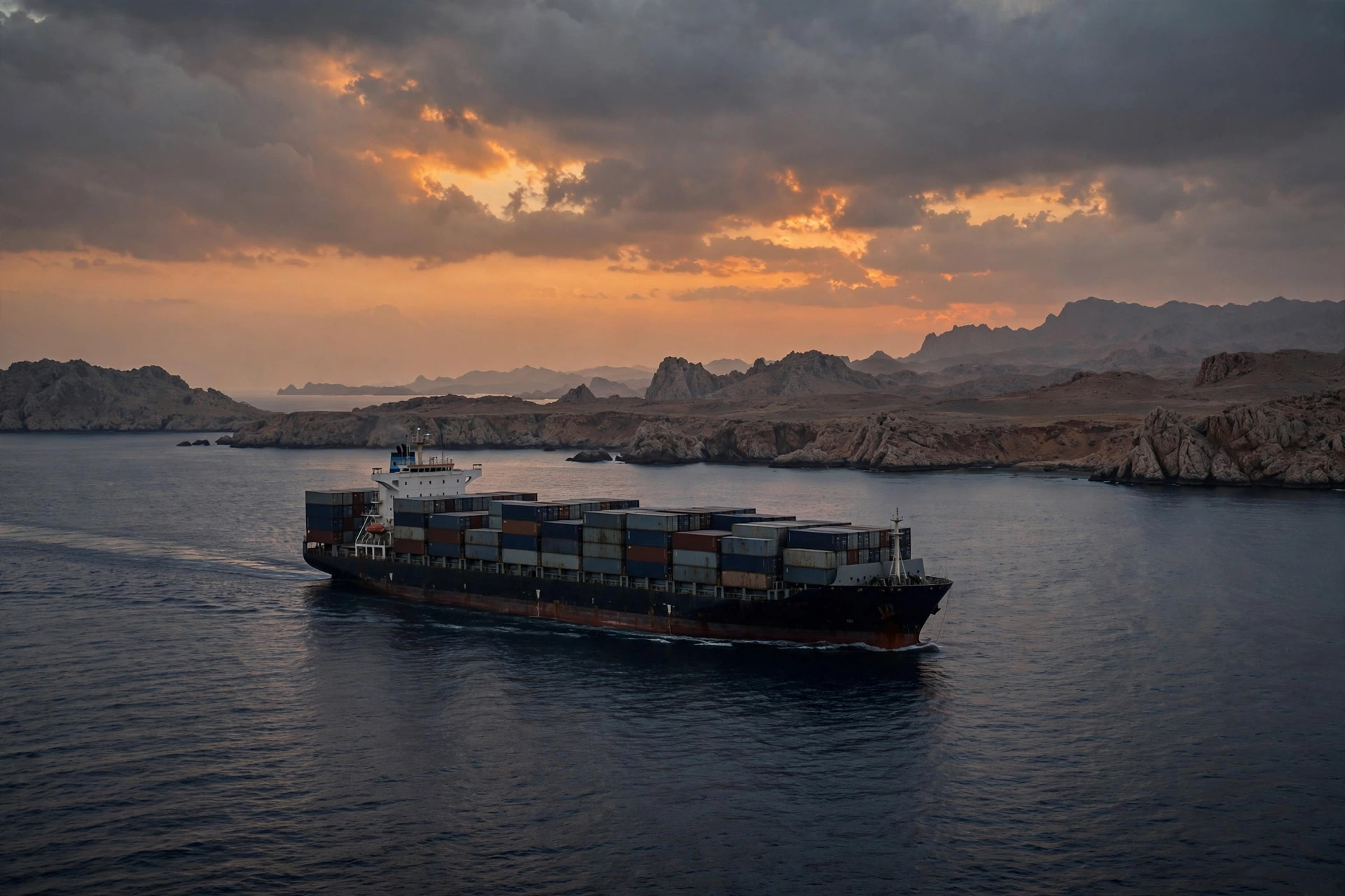 Illustration of a cargo container ship crossing the Strait of Hormuz at dusk