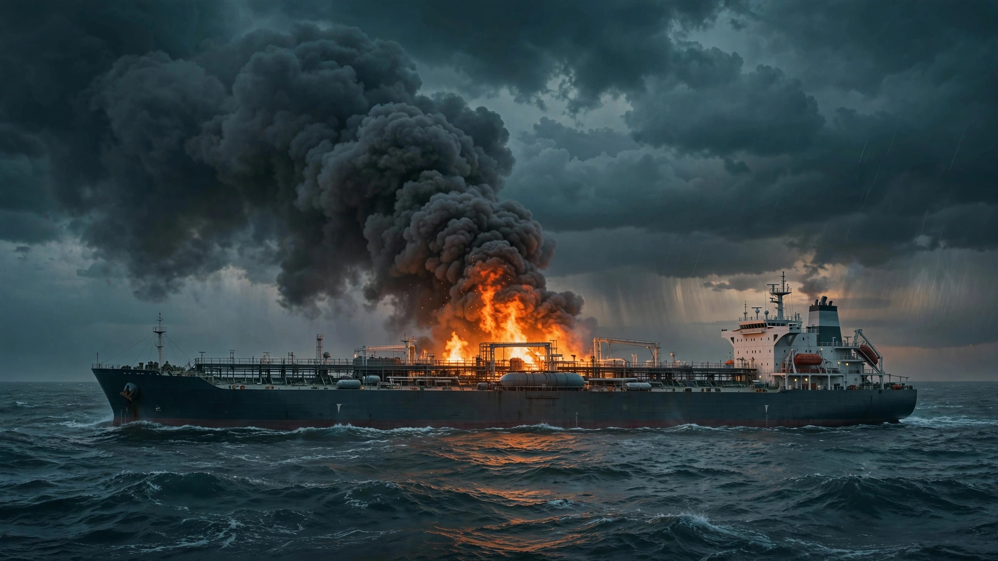 A crude-oil supertanker on fire at sea, dark smoke rising under storm clouds at dusk
