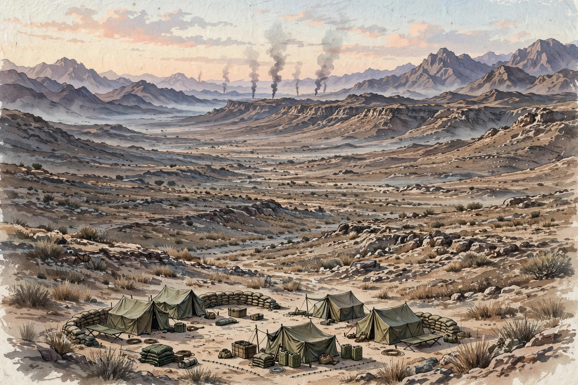Illustration of a desert training camp in Yemen at dawn with distant smoke columns