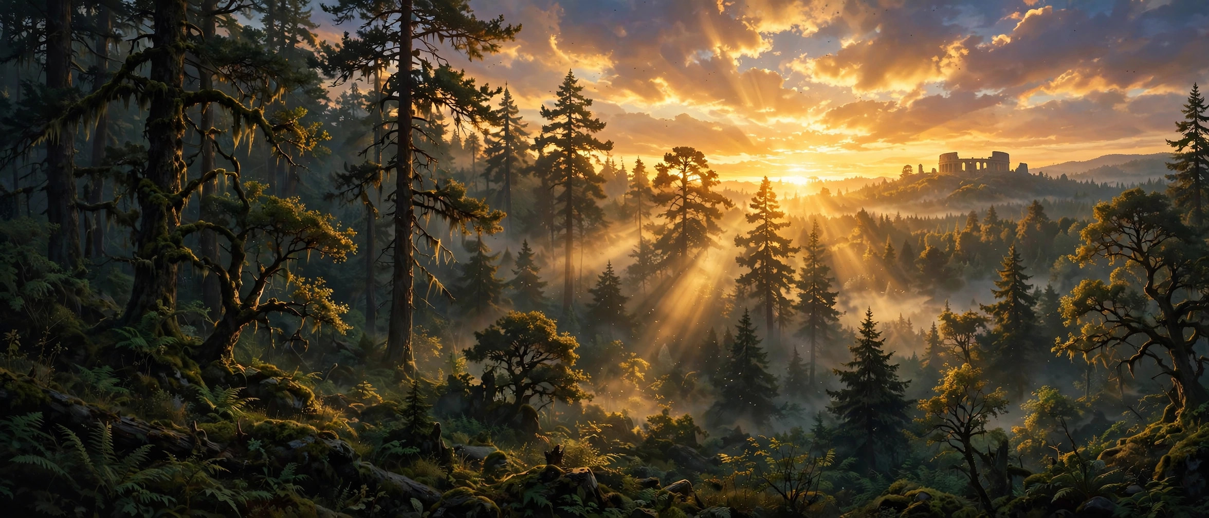Illustration of a sunrise over a forest arena landscape