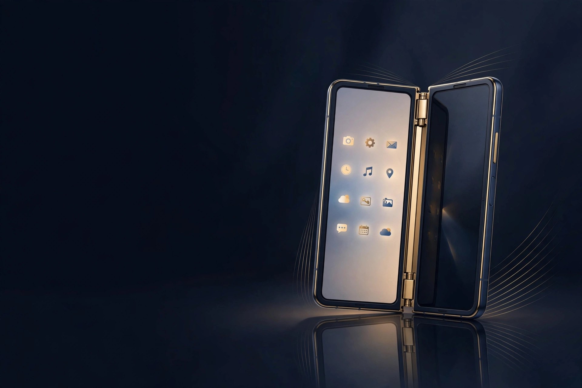 Illustration of a foldable smartphone half-open with a gold hinge on a navy background