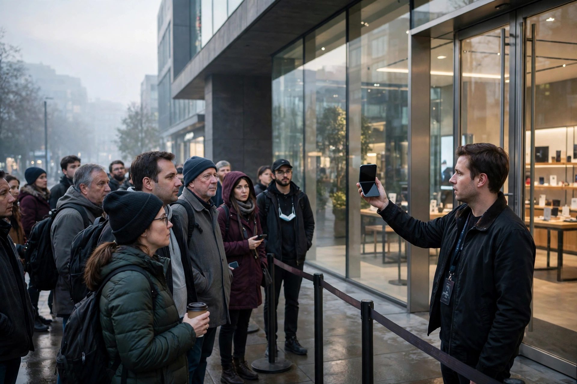 Illustration of customers lining up outside a flagship store at dawn for the iPhone Duo launch