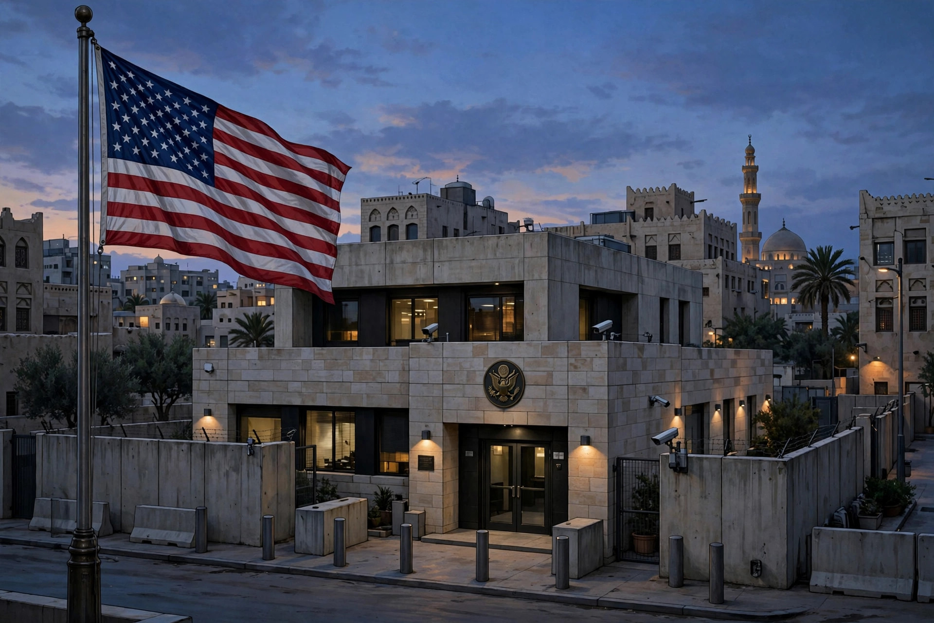 Illustration of a U.S. embassy building at dusk with an American flag, in a Middle Eastern city