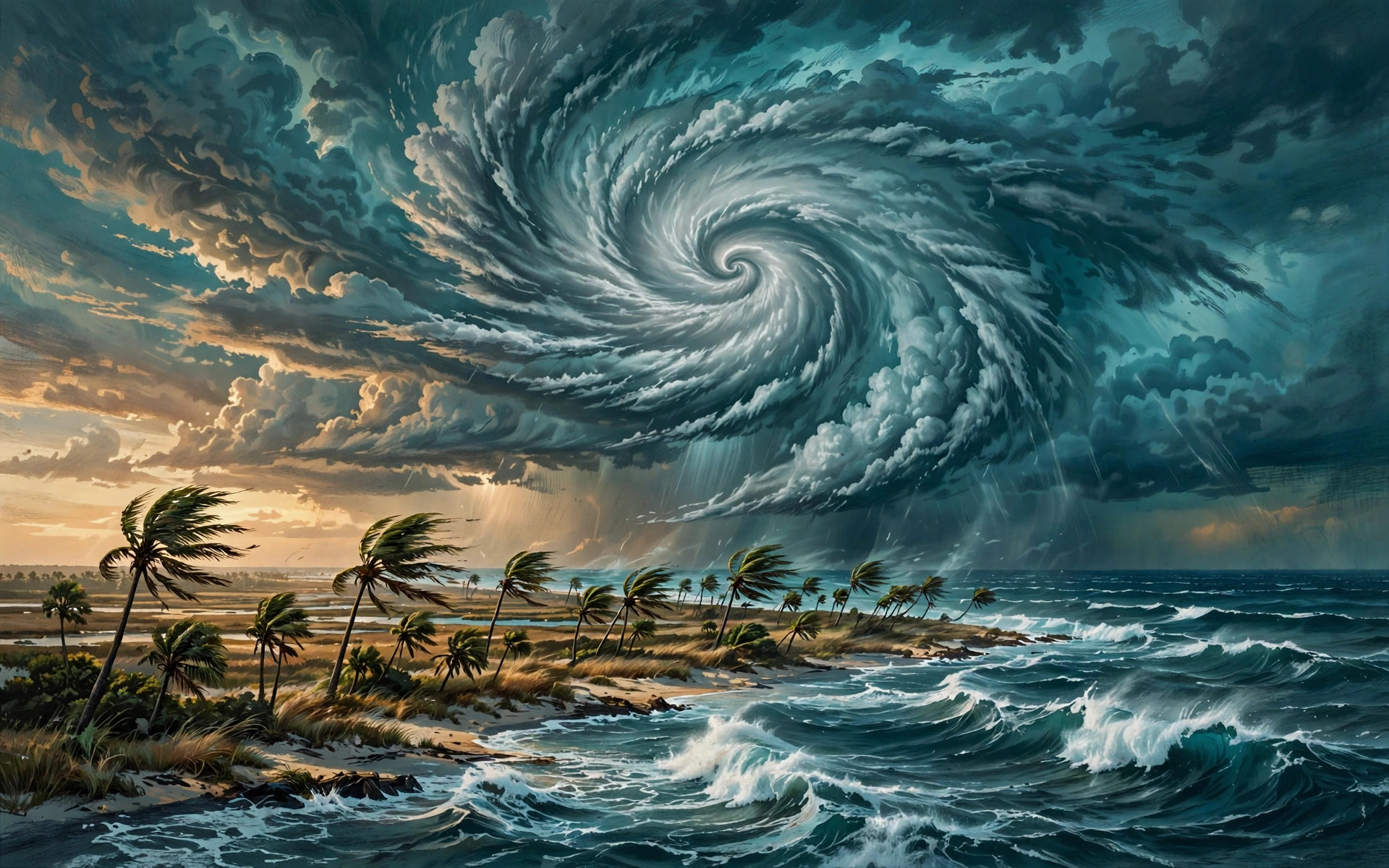Illustration of a tropical cyclone swirling over a Gulf shoreline with palm trees bending in the wind