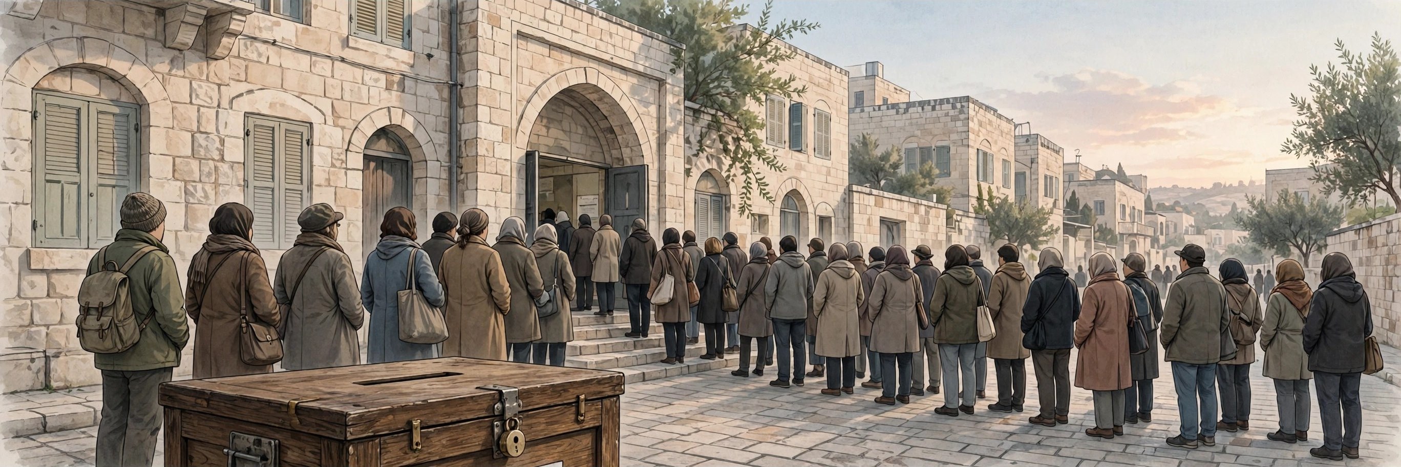Illustration of voters queuing outside a polling station in Jerusalem