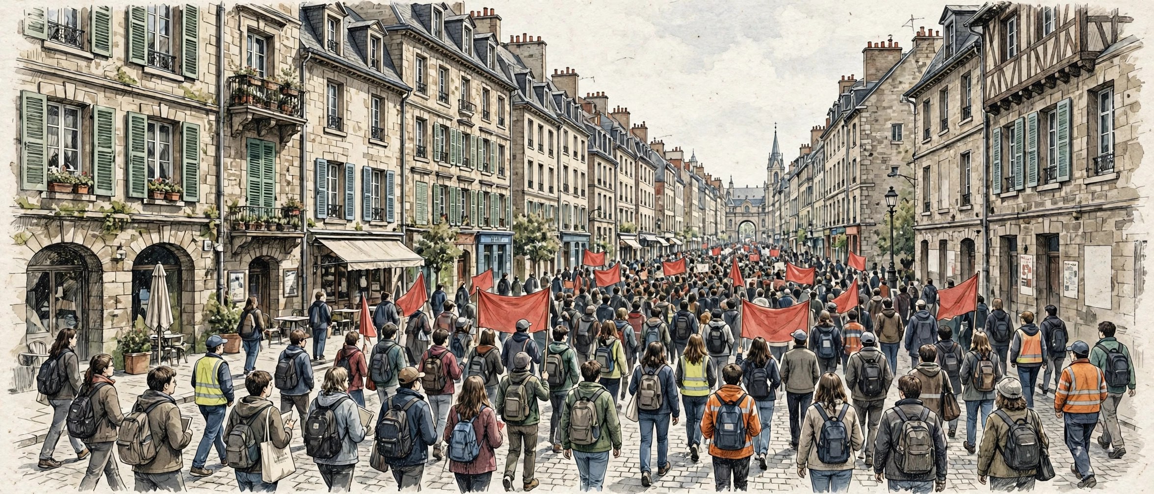 Illustration of a large crowd marching down a historic city street carrying plain red banners
