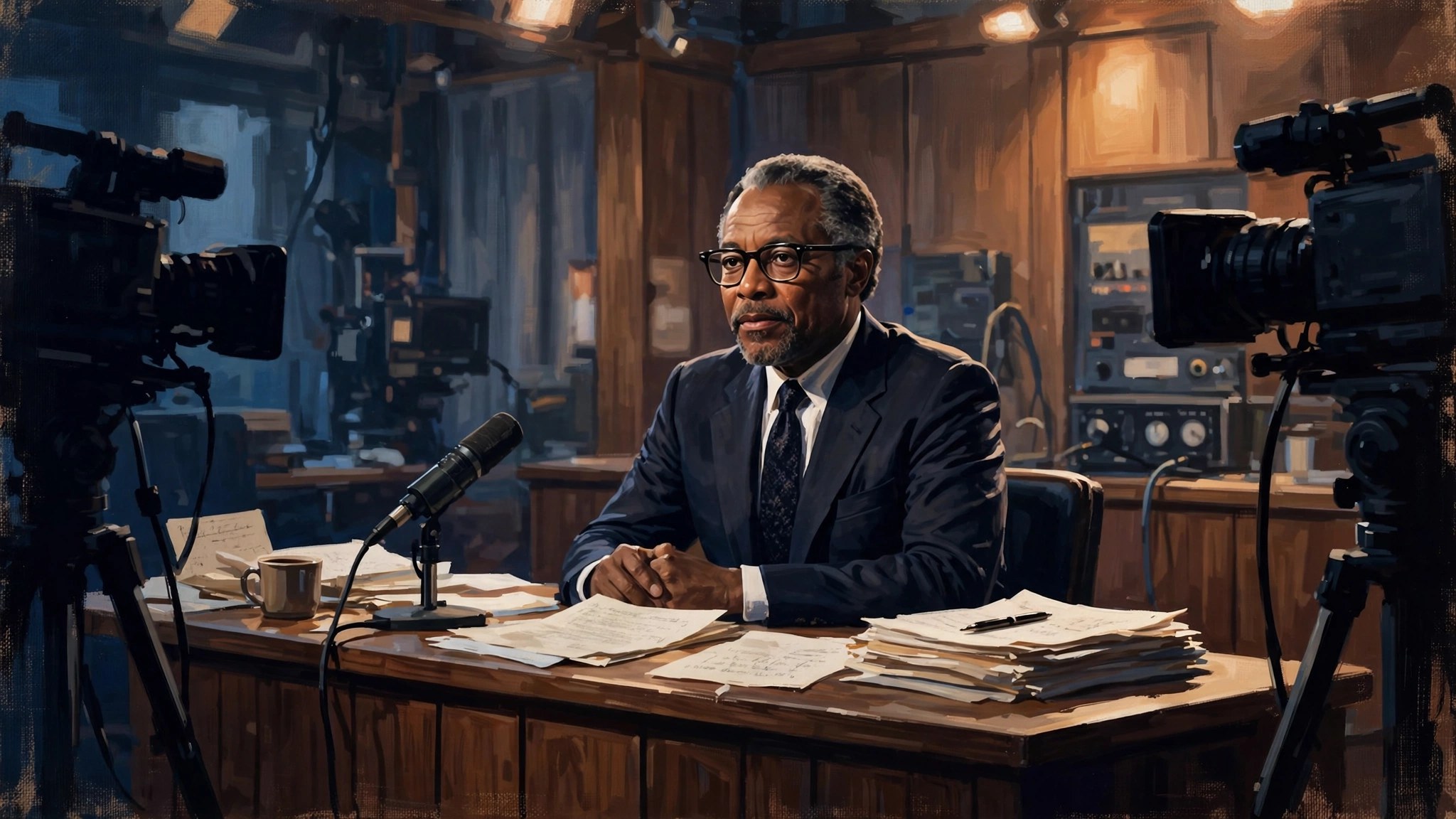Illustration of a news anchor at the desk in a vintage television studio