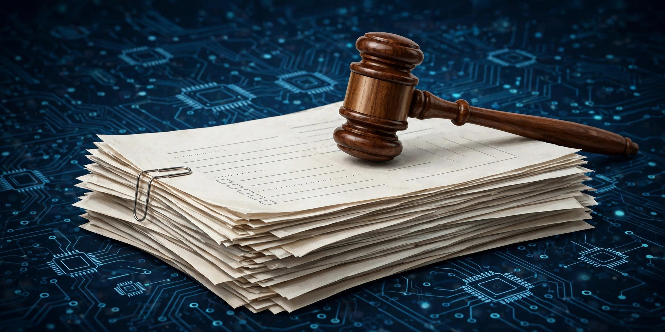 Illustration of a judge's gavel resting on hiring documents over a circuit-board background