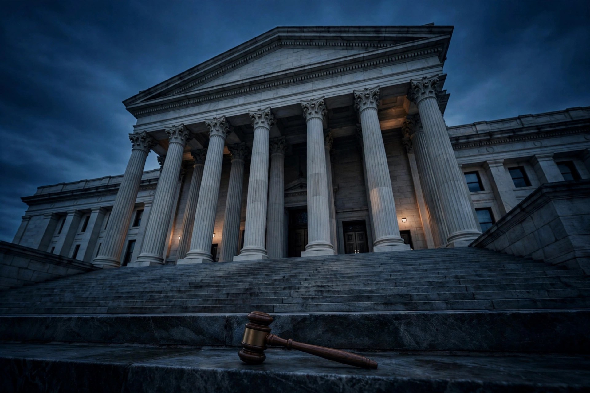 A judge's gavel on the stone steps of a federal courthouse at dusk