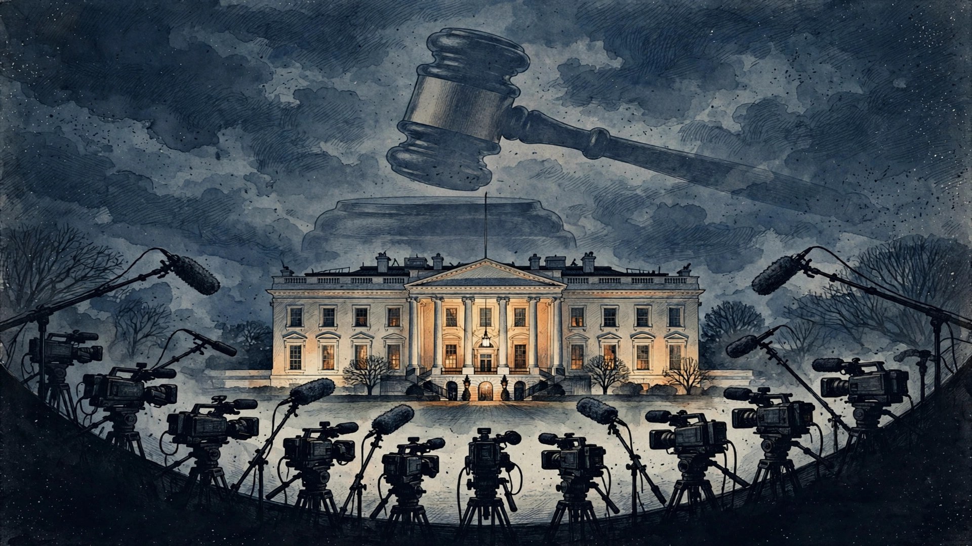 Illustration of the White House at night with news cameras and a judge's gavel