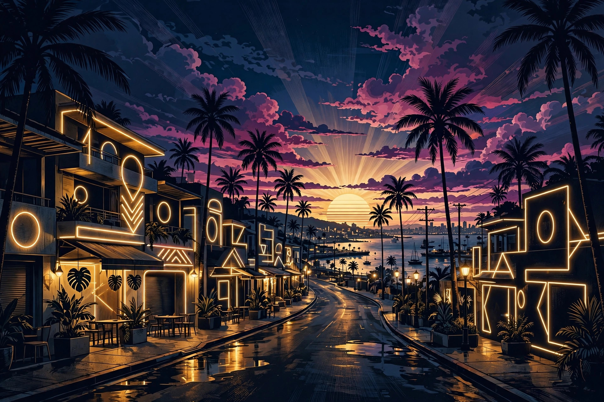 Illustration of a neon-lit tropical coastal city at dusk with palm trees