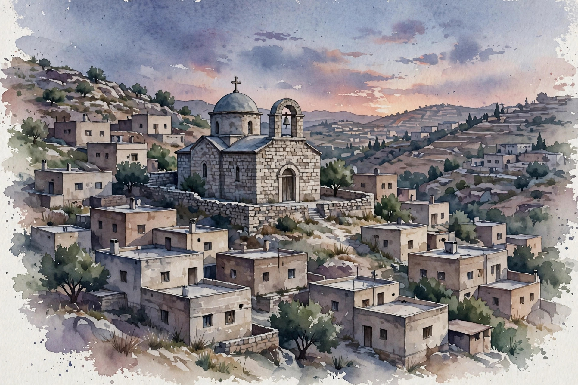 Watercolor illustration of a small stone Orthodox church with a dome and bell arch on a hillside in a Jordanian town at dusk.