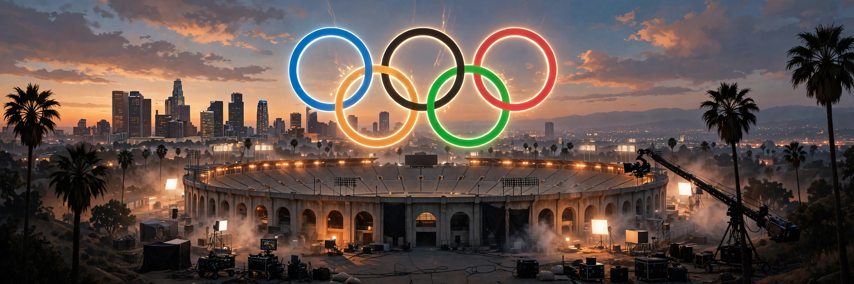 Illustration of the Olympic rings above a Los Angeles stadium at dusk