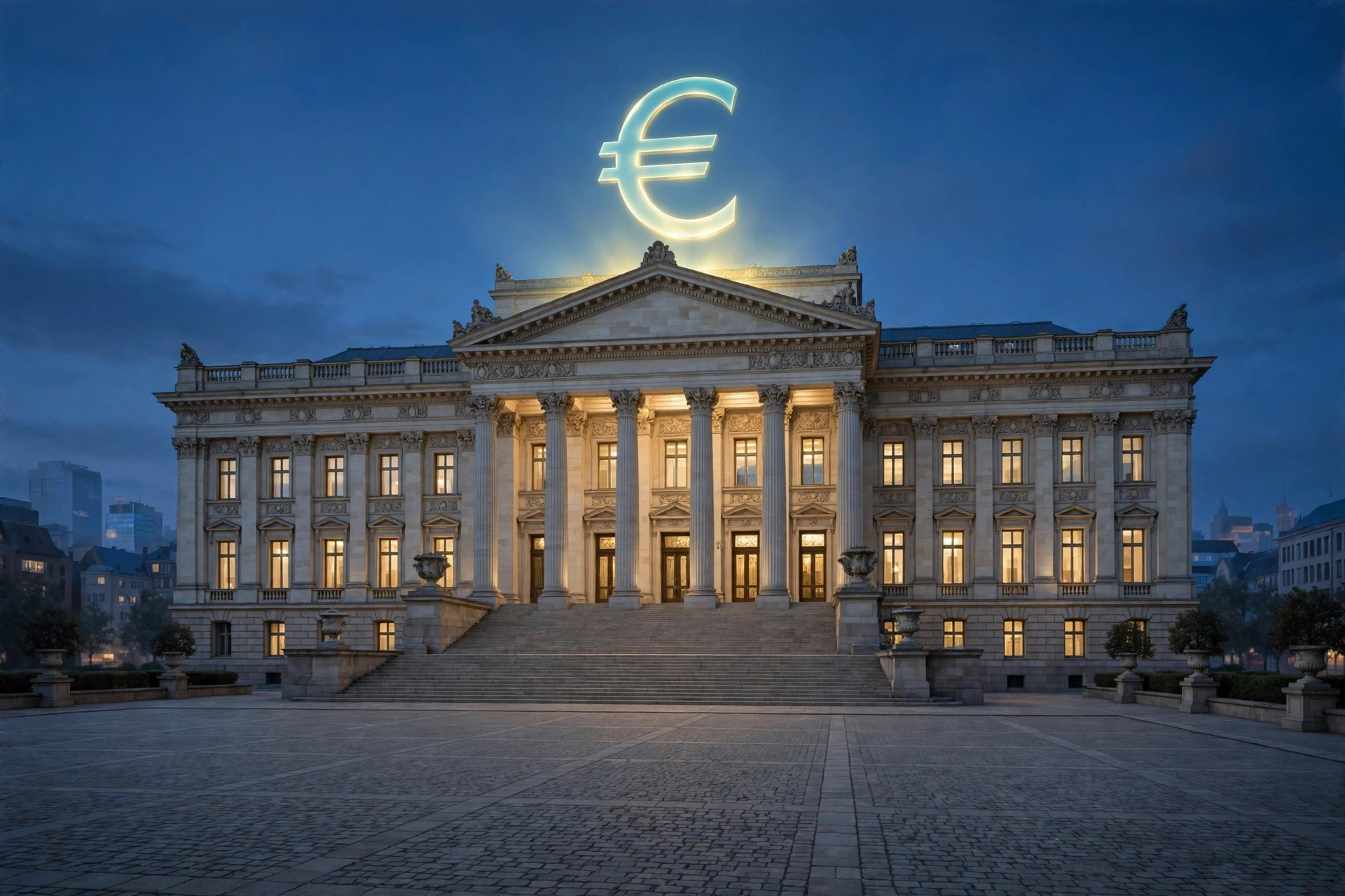 Illustration of a neoclassical central bank building at dusk beneath a glowing euro symbol
