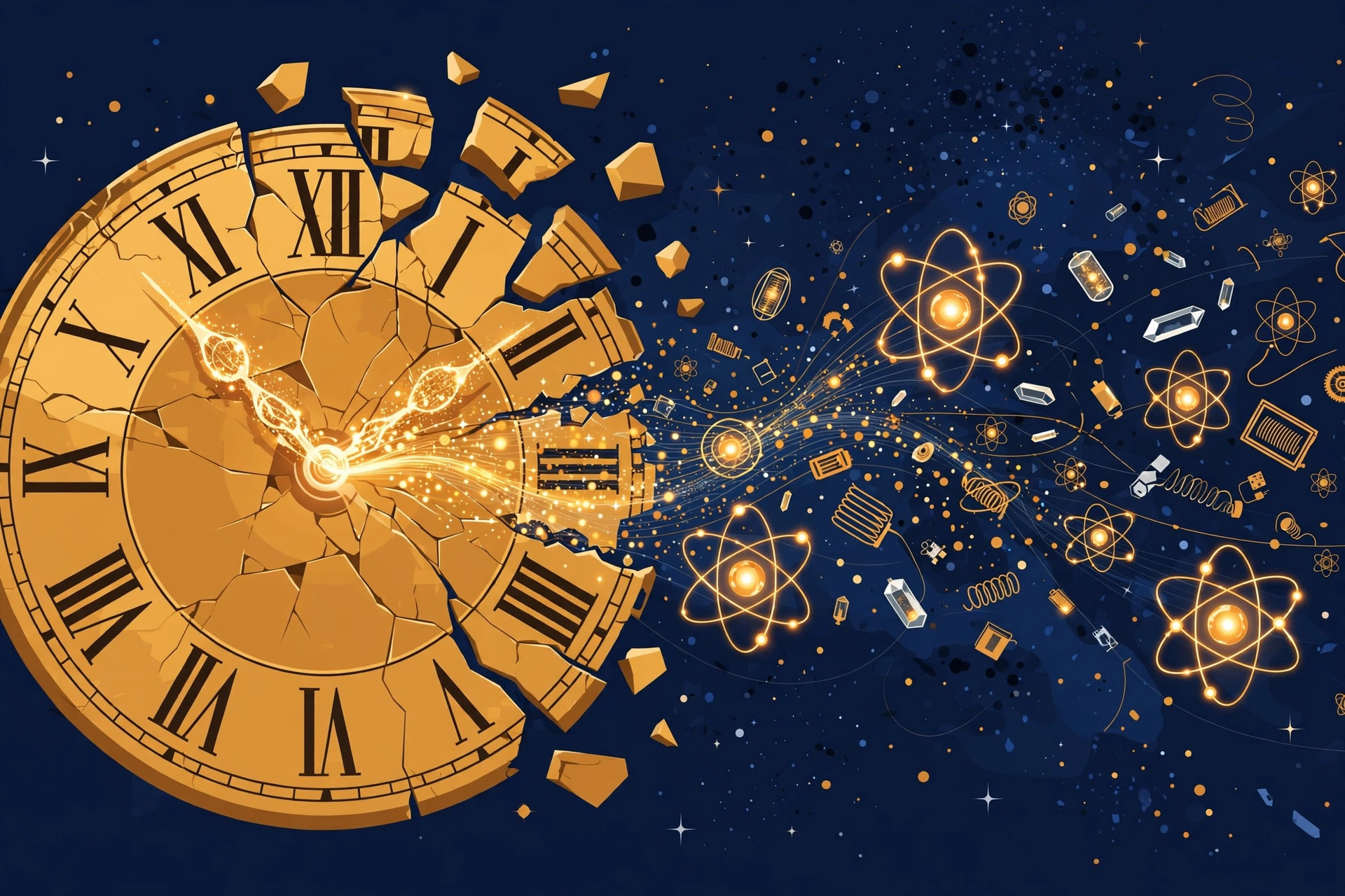 Illustration of a clock face shattering into atomic orbits against a night sky