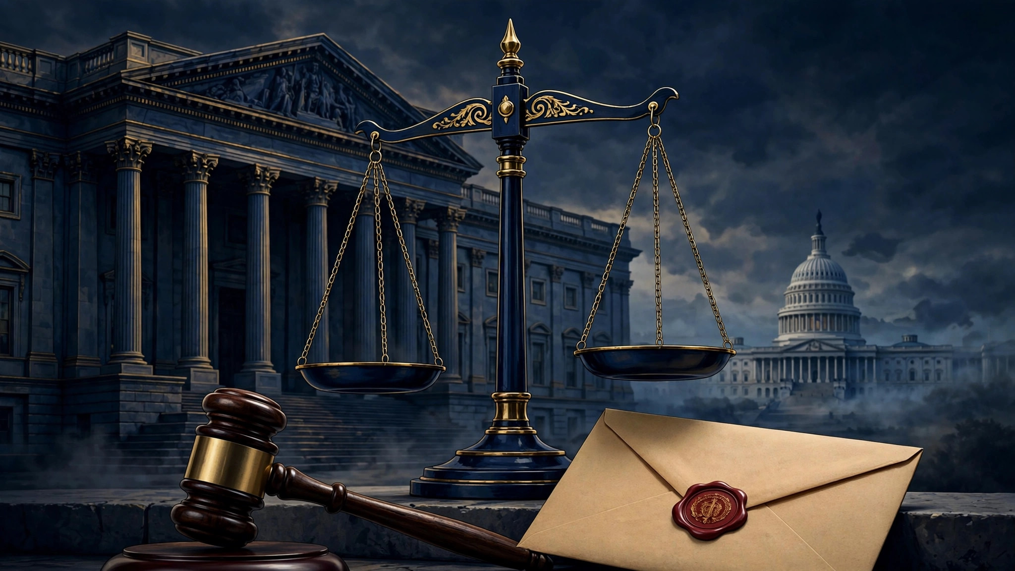 Editorial illustration of scales of justice, a gavel, a federal courthouse and a sealed envelope