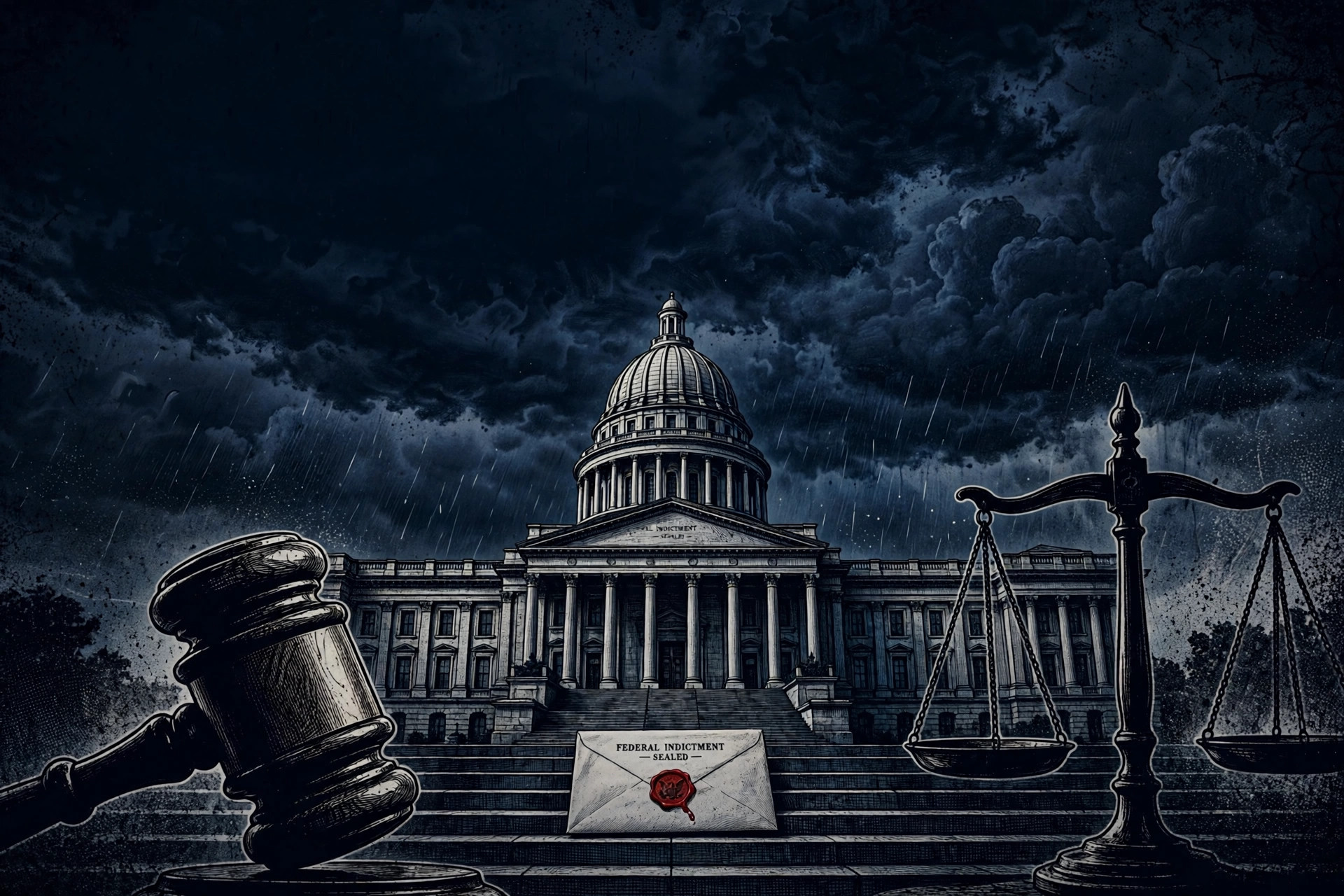Editorial illustration of a state capitol dome under storm clouds, with a gavel, scales of justice, and a sealed federal indictment envelope