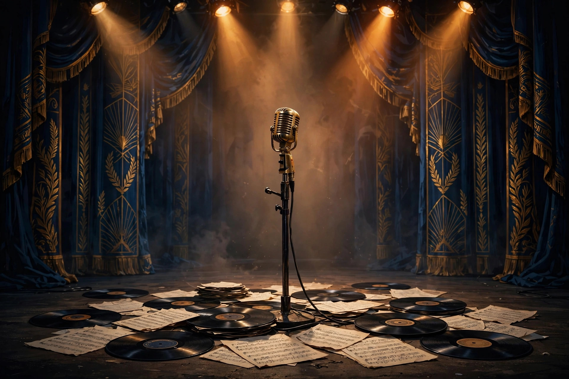 Illustration of a vintage microphone on a stage under warm spotlights, with vinyl records at its base