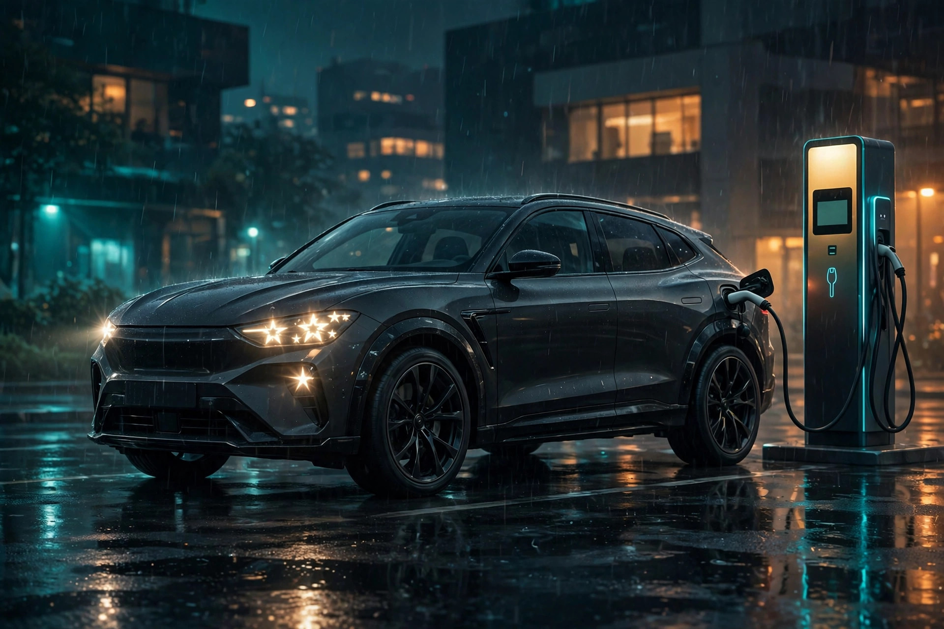 Illustration of a dark performance SUV charging at a fast-charging station at night