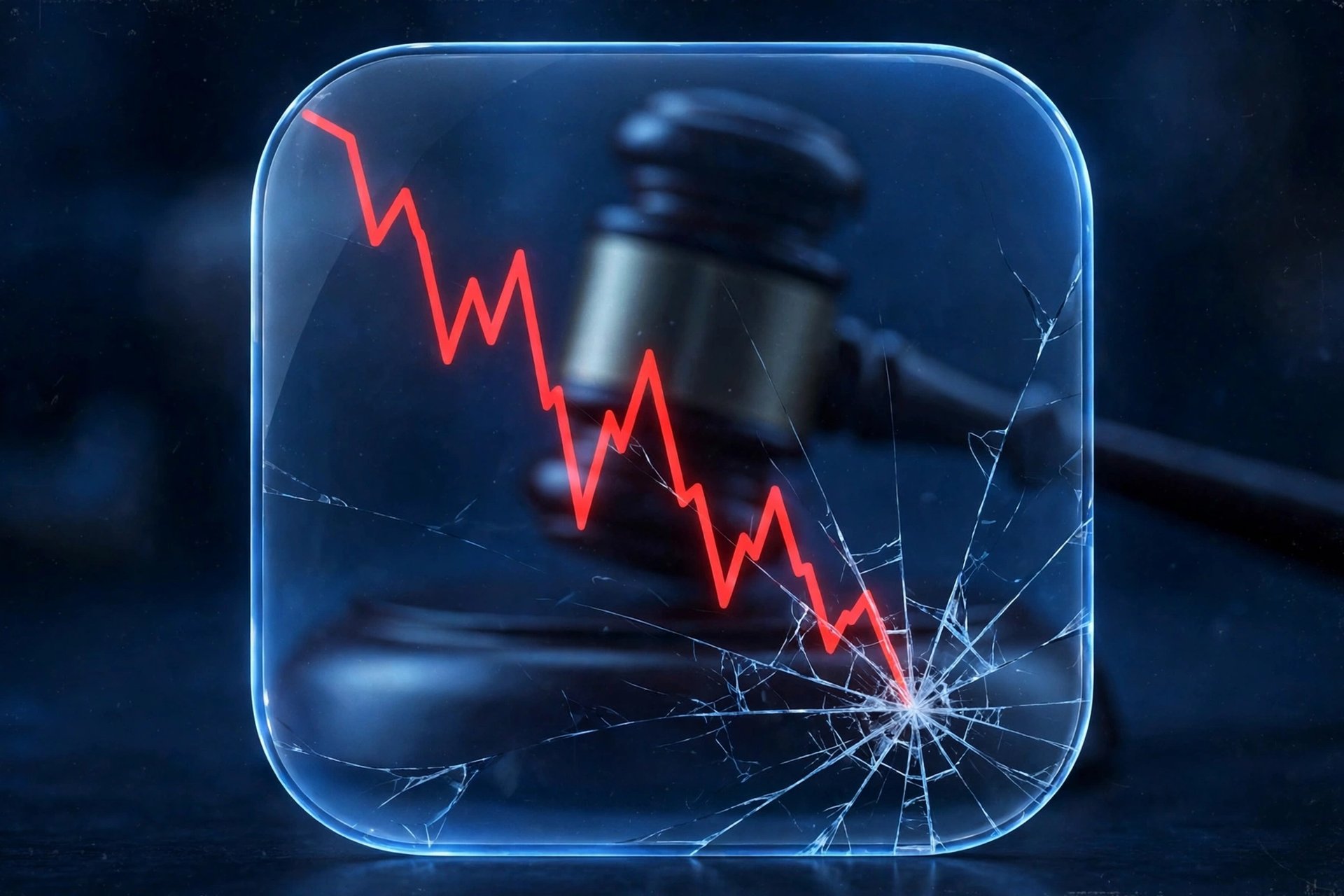 Editorial illustration of a glowing app icon with a plunging red chart line and cracked glass over a courtroom silhouette