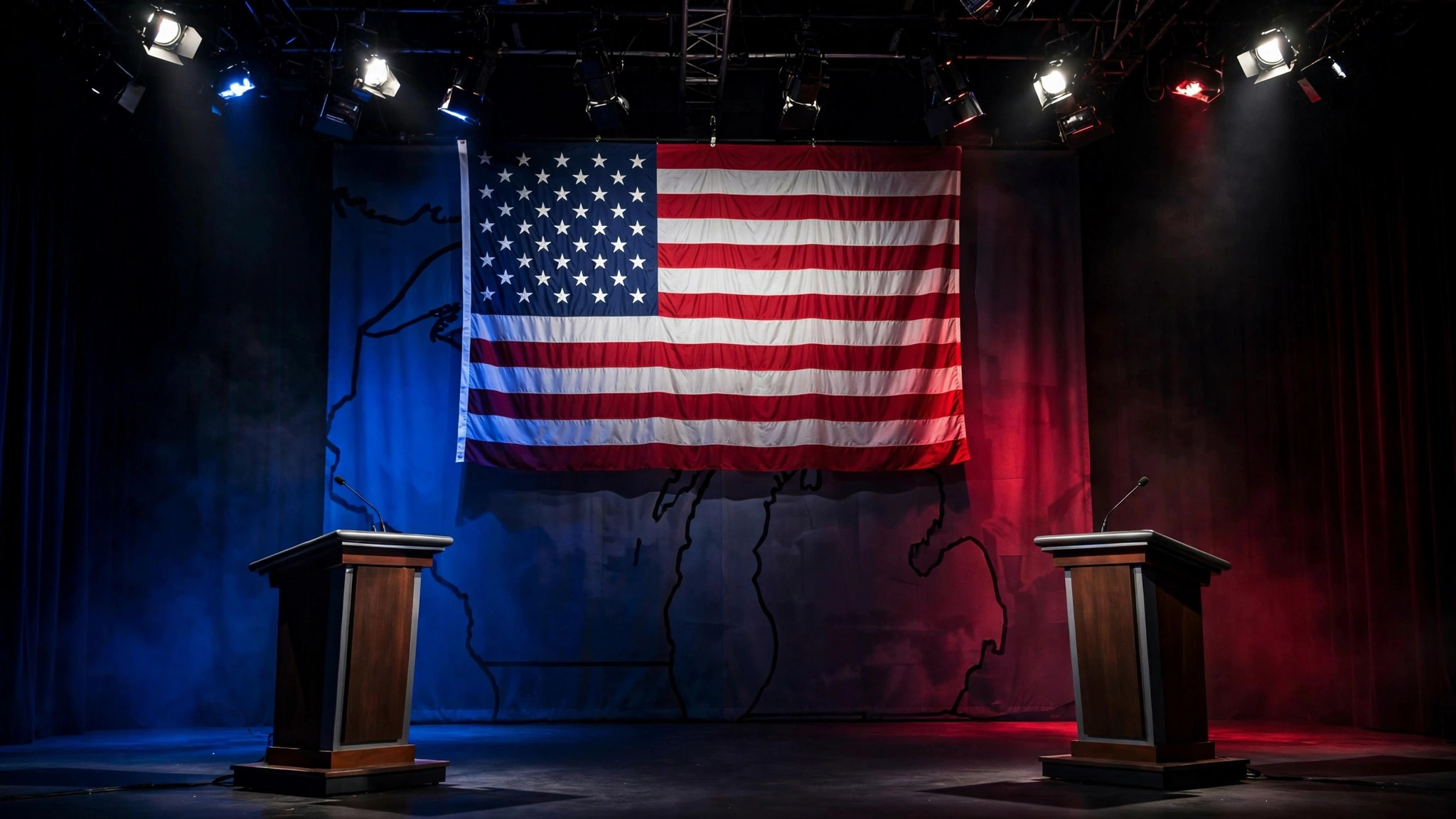 Two empty debate podiums on a stage lit in red and blue, with an American flag and a Michigan outline on the backdrop.