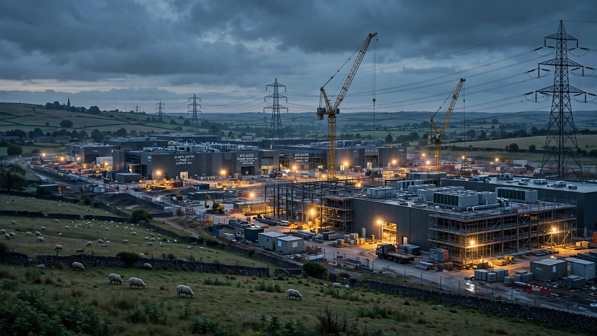 Illustration of an AI data center under construction in the English countryside at dusk, with electricity transmission pylons crossing the sky
