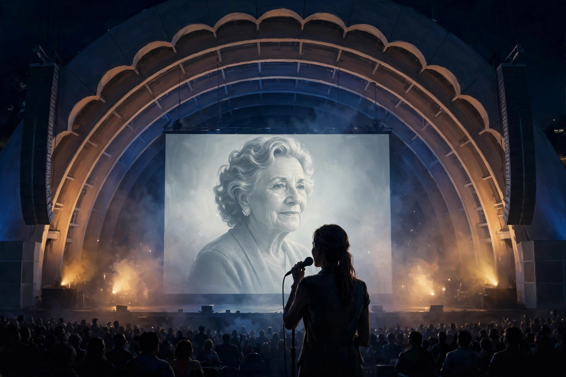 Illustration of a singer silhouetted at a microphone under the Hollywood Bowl shell, facing a large glowing portrait of an older woman on the stage screen