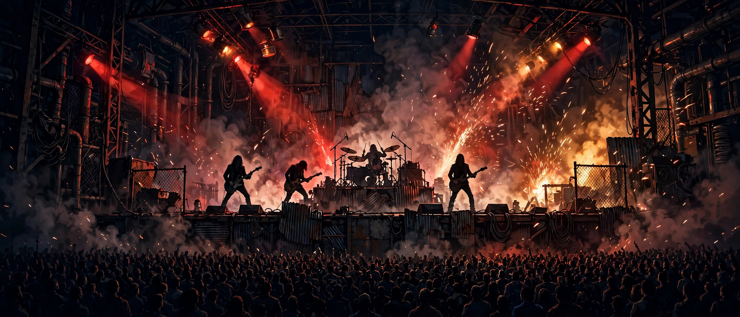 Illustration of an industrial band on a smoke-filled stage in red and amber light before a crowd