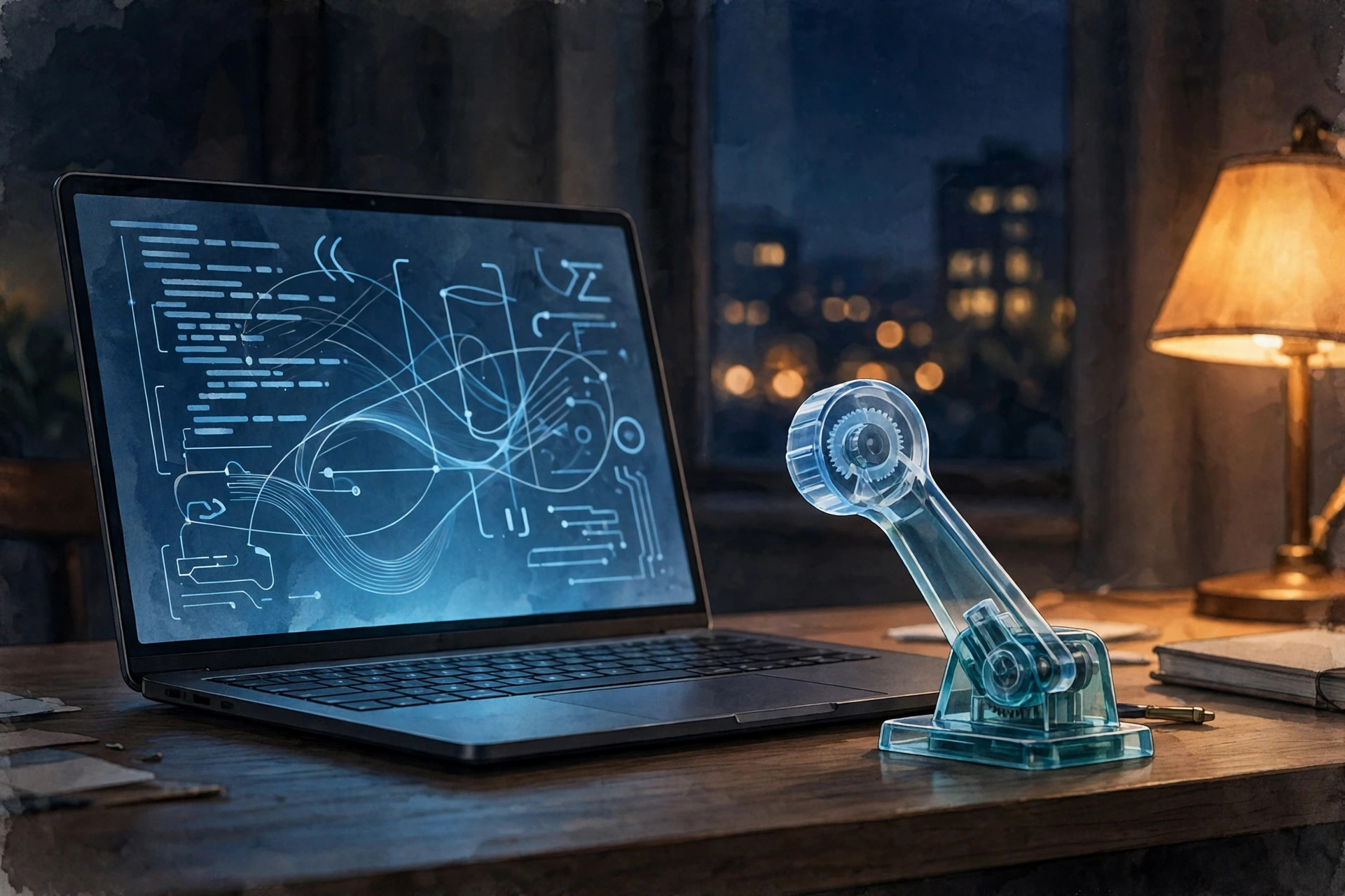 Illustration of a laptop showing lines of code at night, with a dial turned down beside it