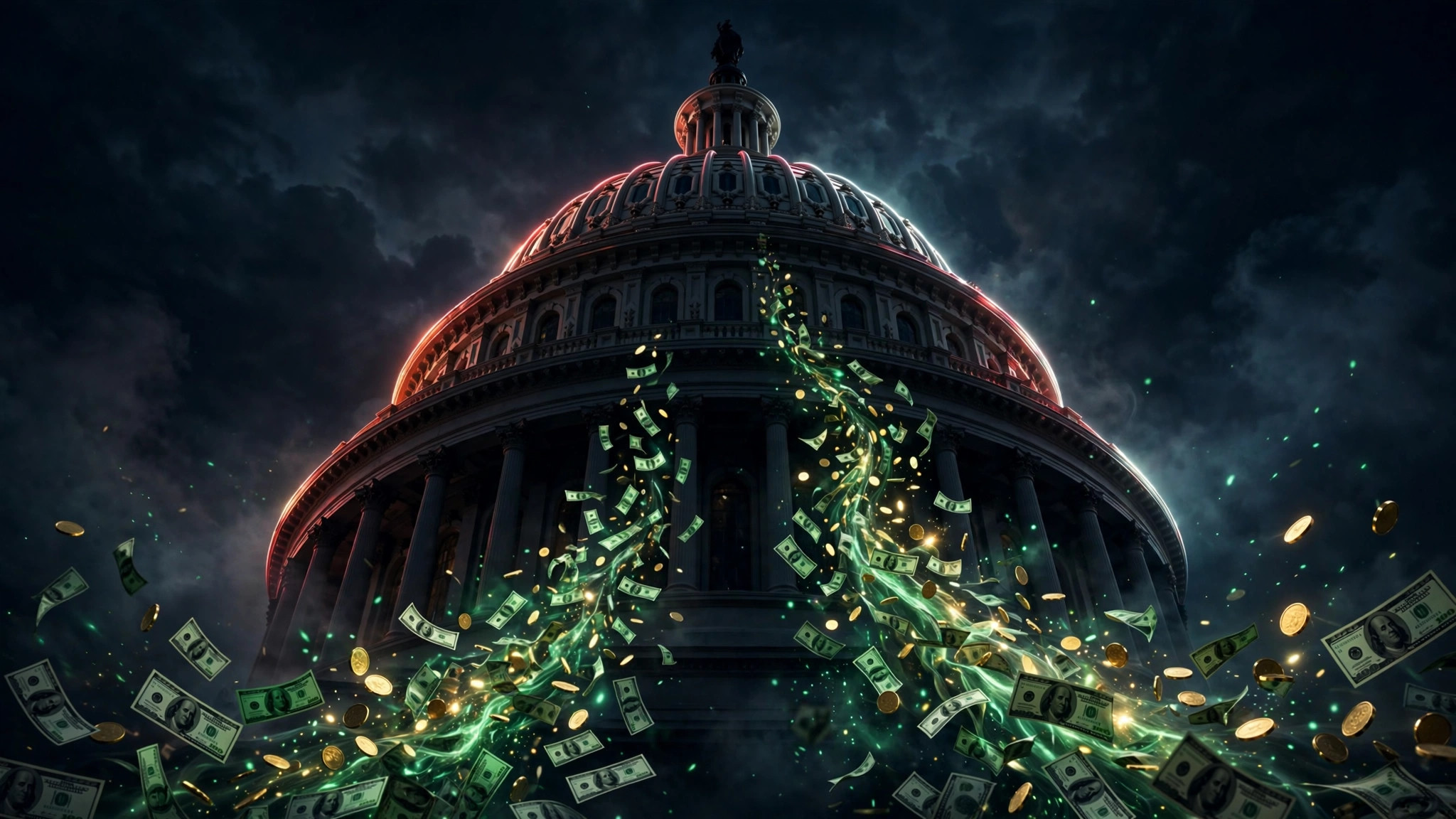 Dollar bills and gold coins streaming through night air toward a glowing Capitol dome