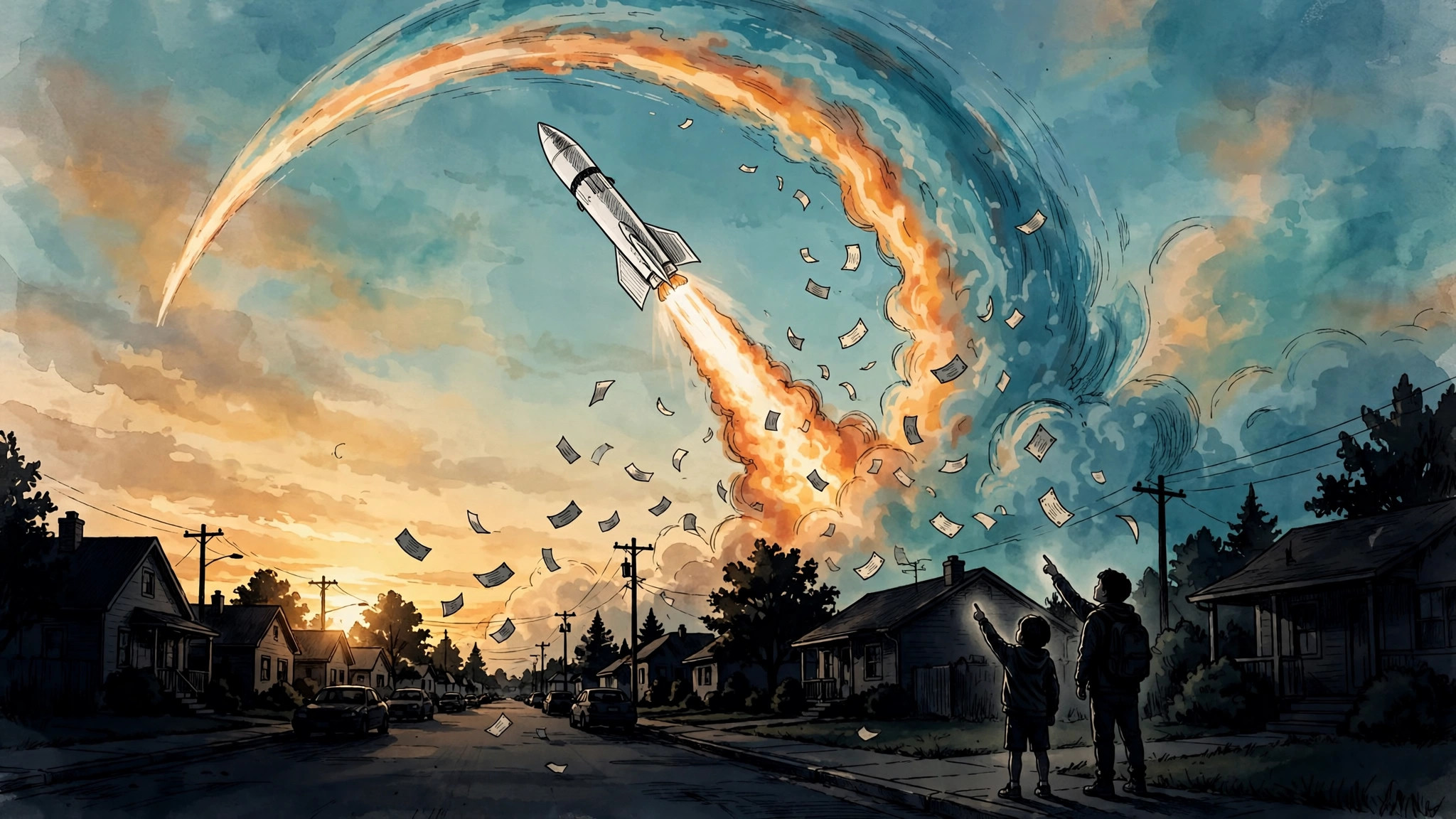Illustration of a rocket launching over a suburban street as paper share certificates fall and two figures watch