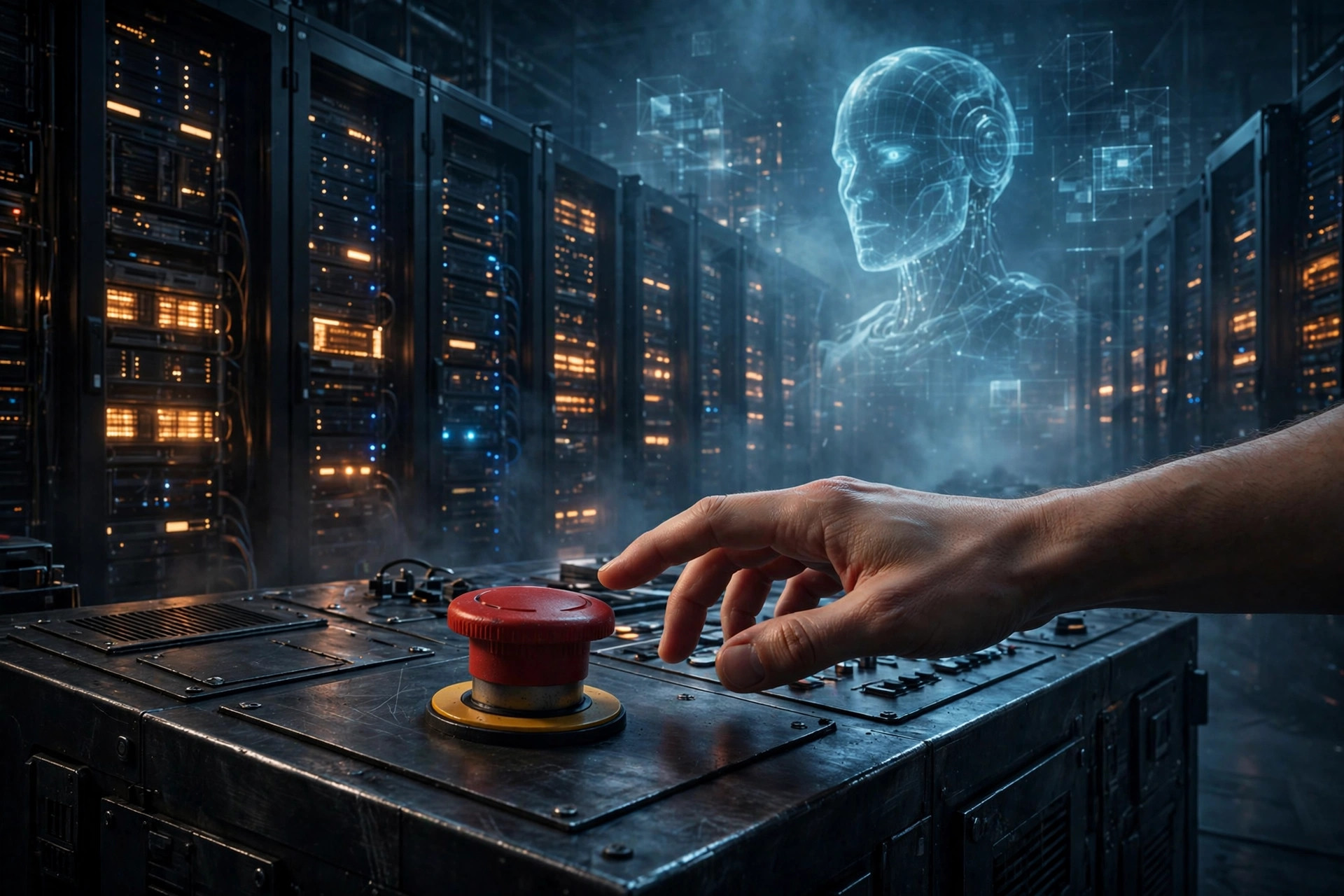 A hand reaching for a large red emergency-stop button in a data center