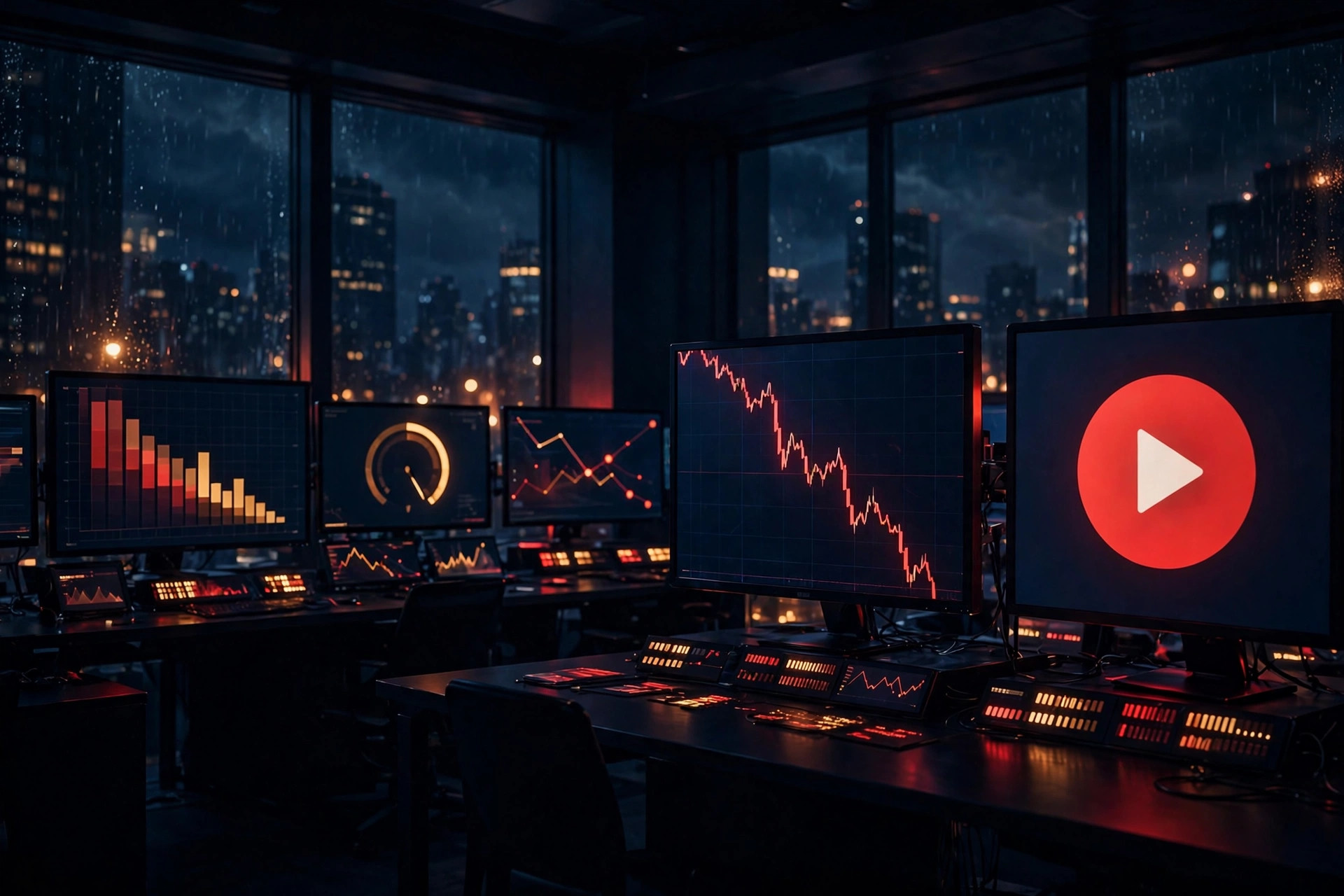 Illustration of a dark trading room with monitors showing a plunging red stock chart and a play-button motif
