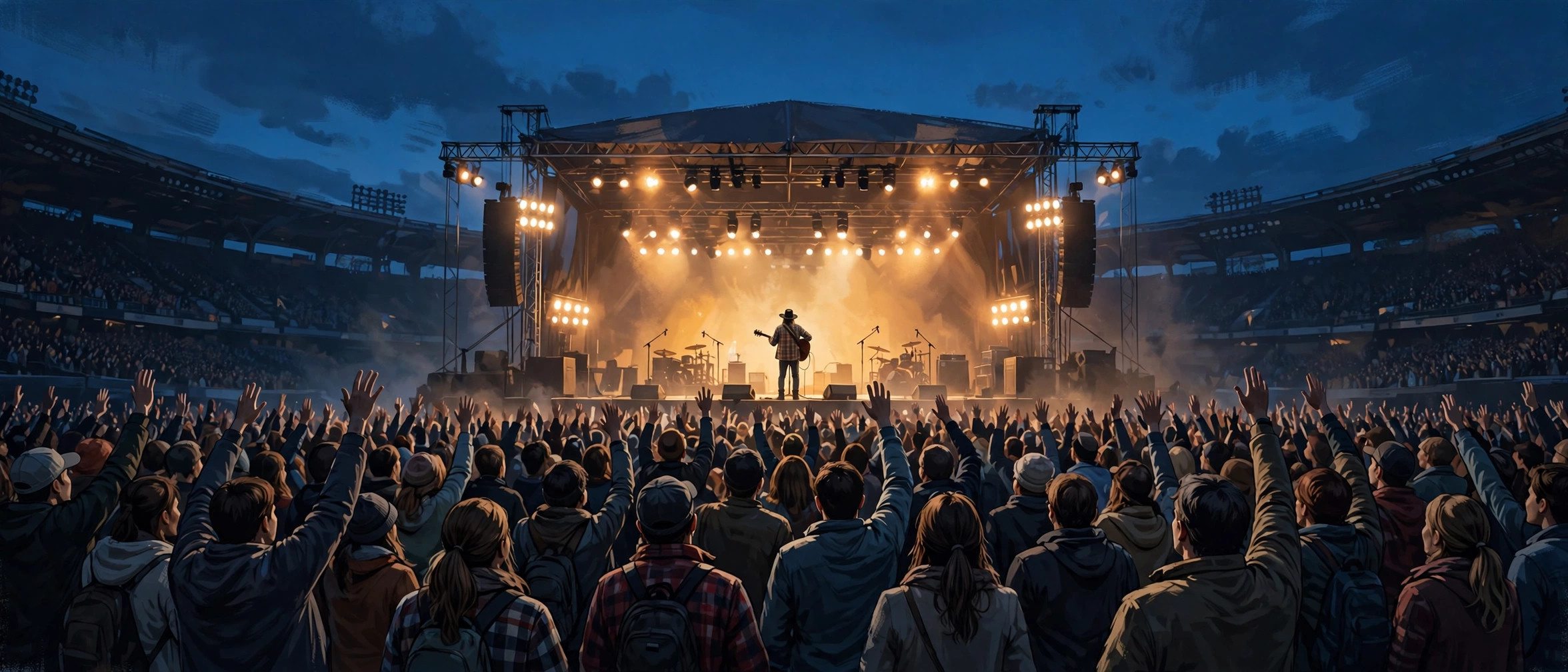 Illustration of a singer on a large outdoor stadium stage at dusk before a huge crowd
