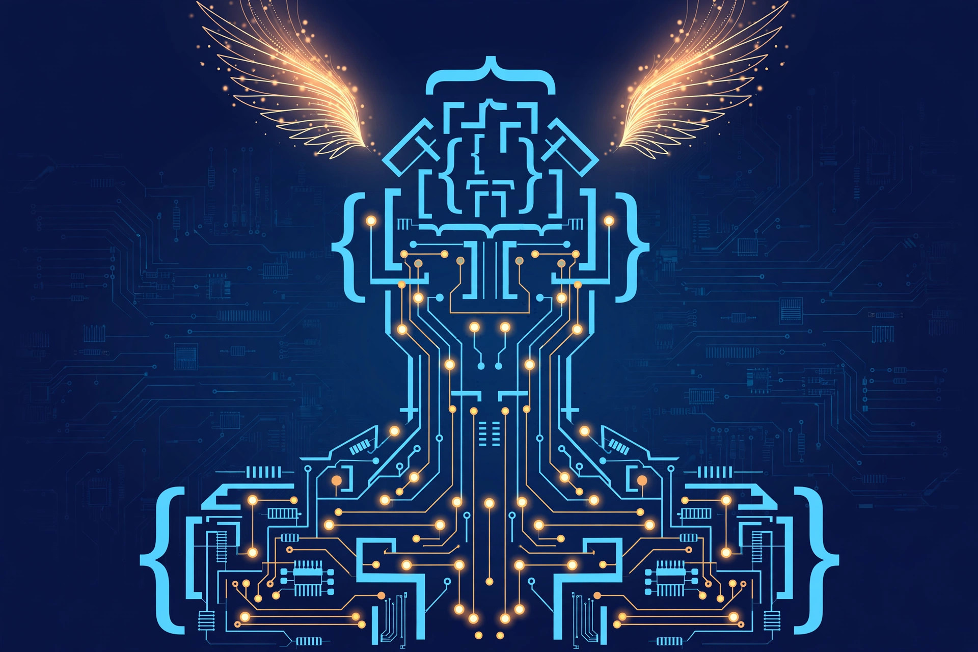 Illustration of a geometric robot figure formed by code brackets and circuit traces, with amber wing-shaped light trails