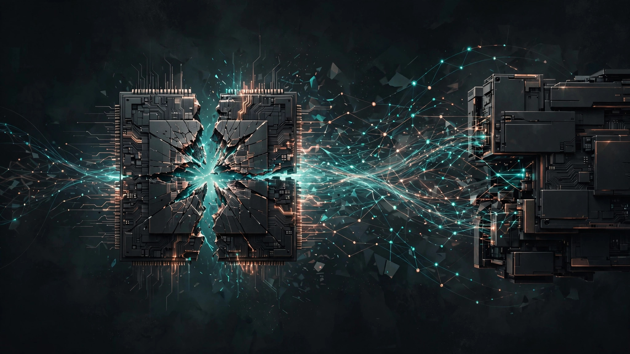 A cracked-open silicon microchip releasing streams of code and neural-network nodes toward an interlocking corporate block
