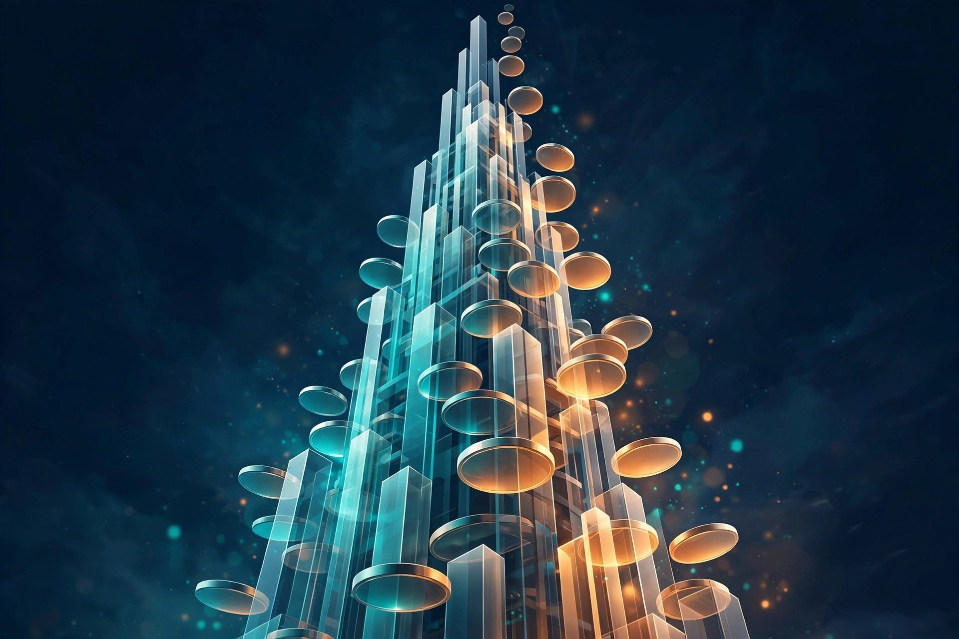 Editorial illustration of a towering glass structure of rising bars and glowing coins climbing into a dark sky