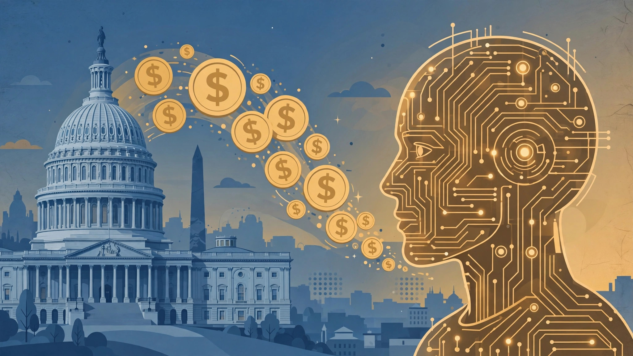 Illustration of dollar coins flowing between the U.S. Capitol and a circuit-board AI head