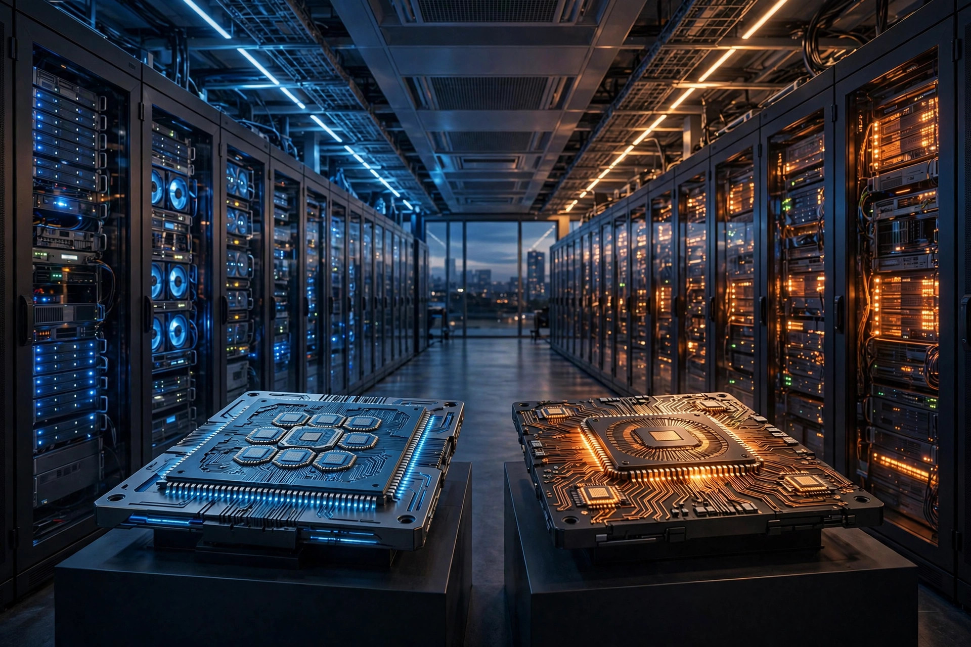 Illustration of a data center aisle with server racks and computer chips